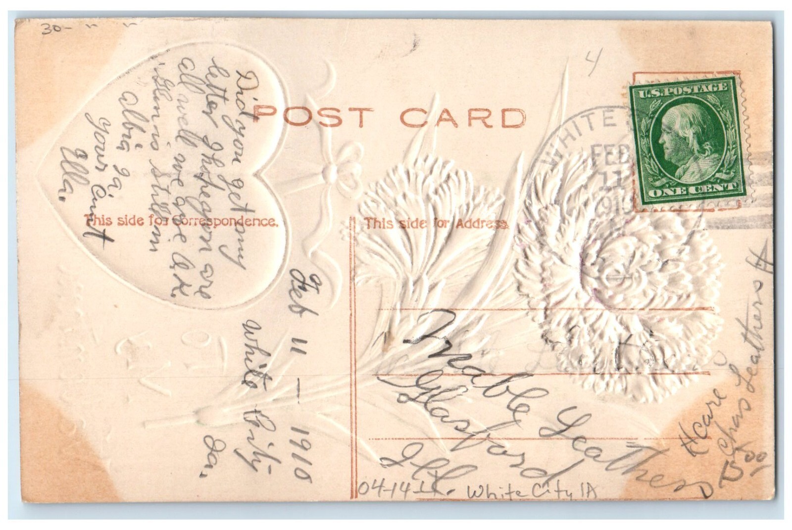 1910 Valentine Heart Flowers Airbrushed White City Iowa DPO 1904-1913 Postcard