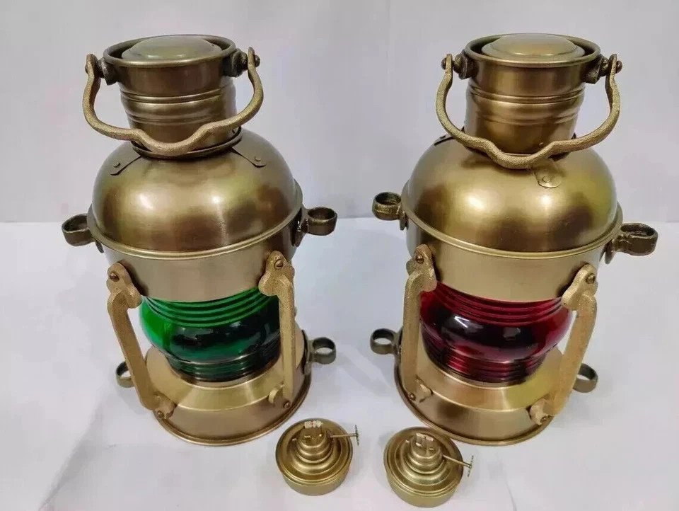Set of Antique Anchor Oil Lamp, Vintage Marine Lantern, Nautical Ship Oil Lamp