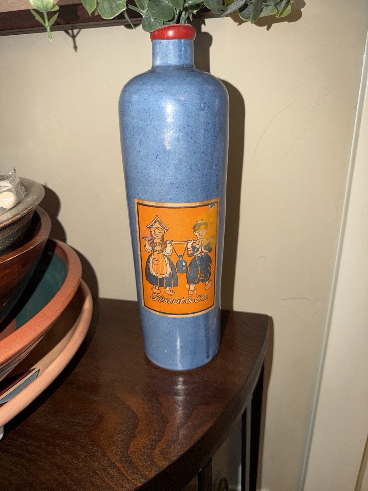 Vintage European Stoneware Bottle –Tissot & Co Mid-Century Blue Ceramic Windmill