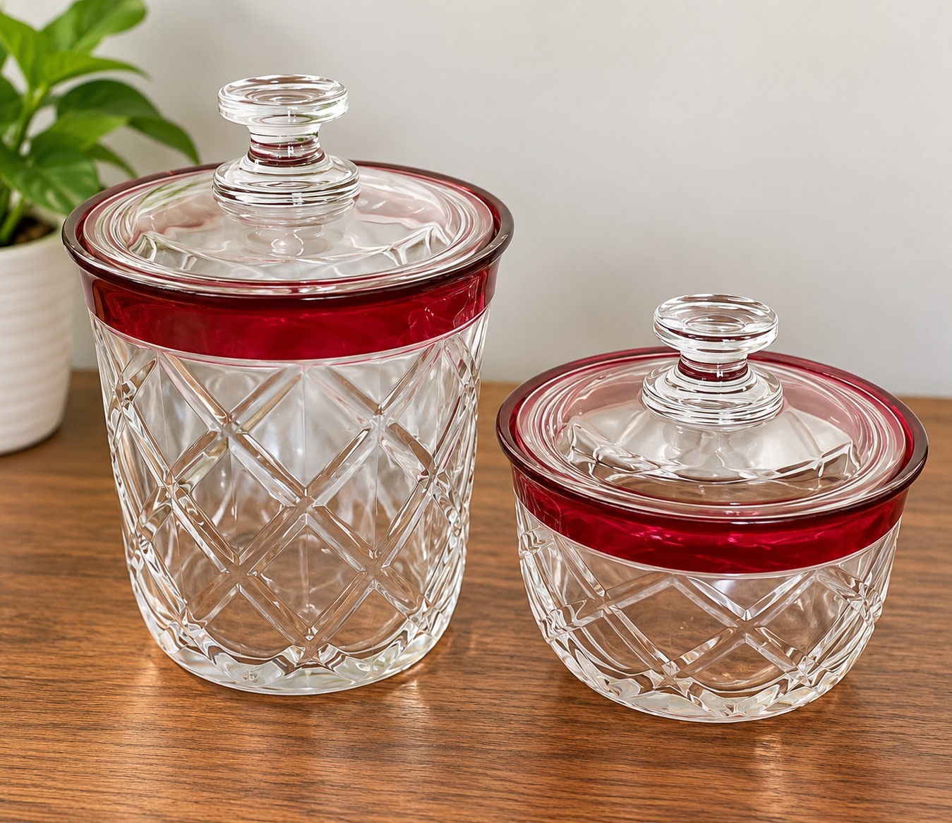Cranberry Indiana Glass Lattice Pattern Apothecary Jar Set Of 2 Grannycore EUC Cranberry Indiana Glass Lattice Pattern Apothecary Jar Set Of 2 Grannycore EUC