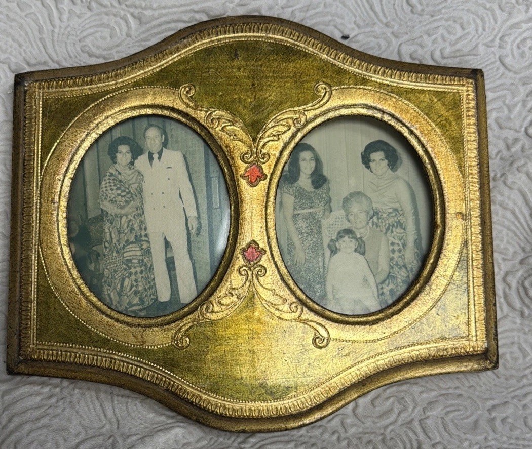 Vintage Florentia Gesso and Giltwood Gold Leaf Detailing Double Picture Frame