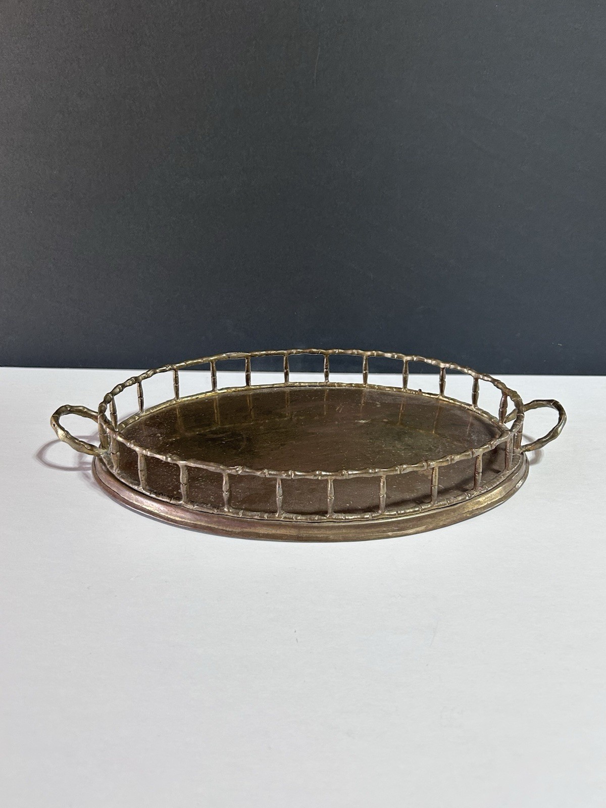 Solid Brass Hollywood Regency Oval Bamboo Tray Handles MCM 14.5” Vintage Decor
