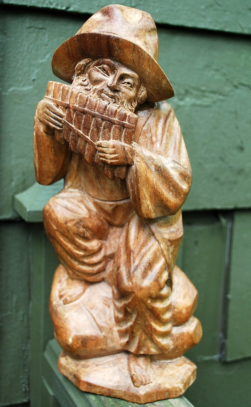Antique BLACK FOREST GERMANY Hand Carved Wood Sculpture MAN PLAYING PAN PIPES