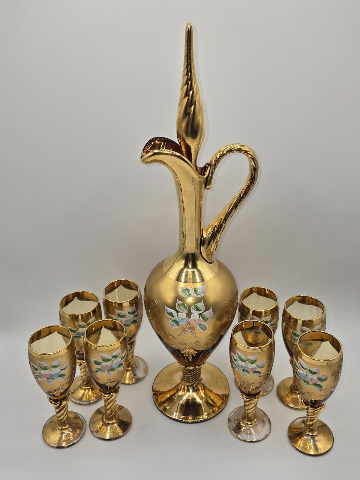 Vintage Italian Venetian Gilt Glass Liquor Decanter Set Enamel Cordial Glasses