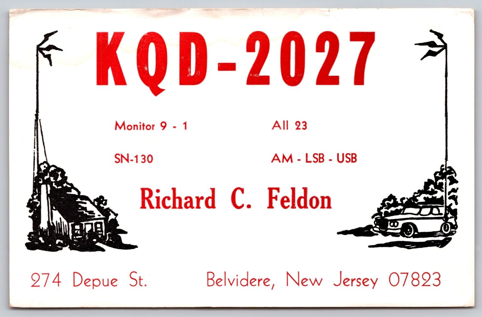 Vintage KQD-2027 CB Radio QSL Postcard - Belvidere, NJ - 1971 B40 Vintage KQD-2027 CB Radio QSL Postcard - Belvidere, NJ - 1971 B40