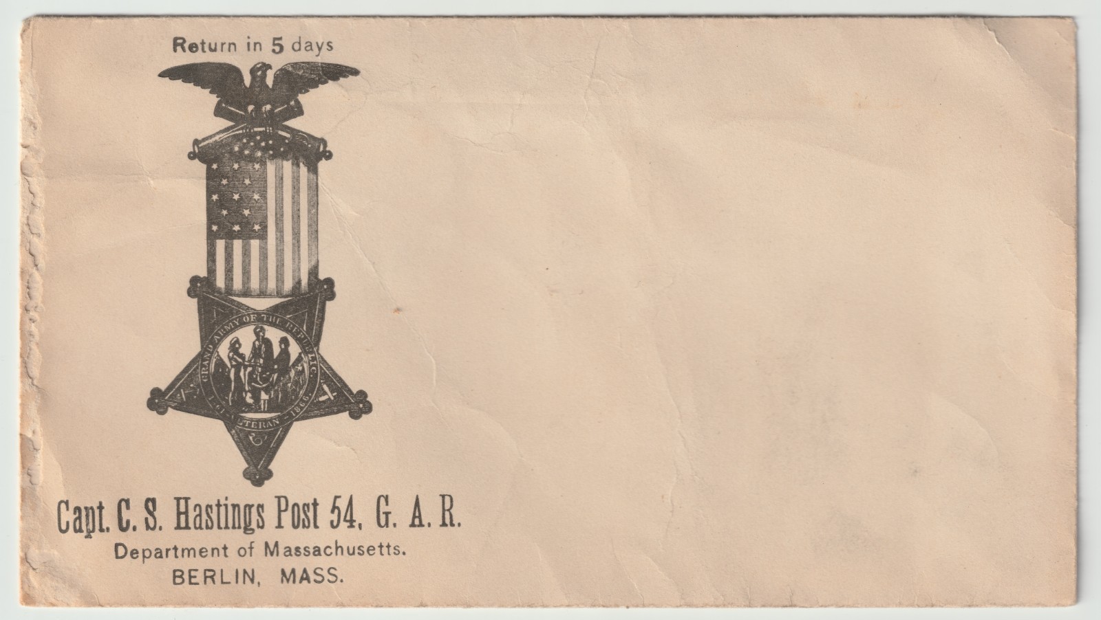 Antique GAR Cover Capt CS Hastings Post 54 Berlin MA Civil War Veterans Unused