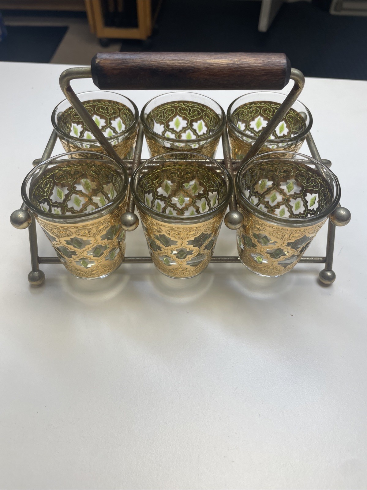 Culver Valencia Set of 6 Shot Glasses Caddy 22k Gold & Green Accents Vintage MCM