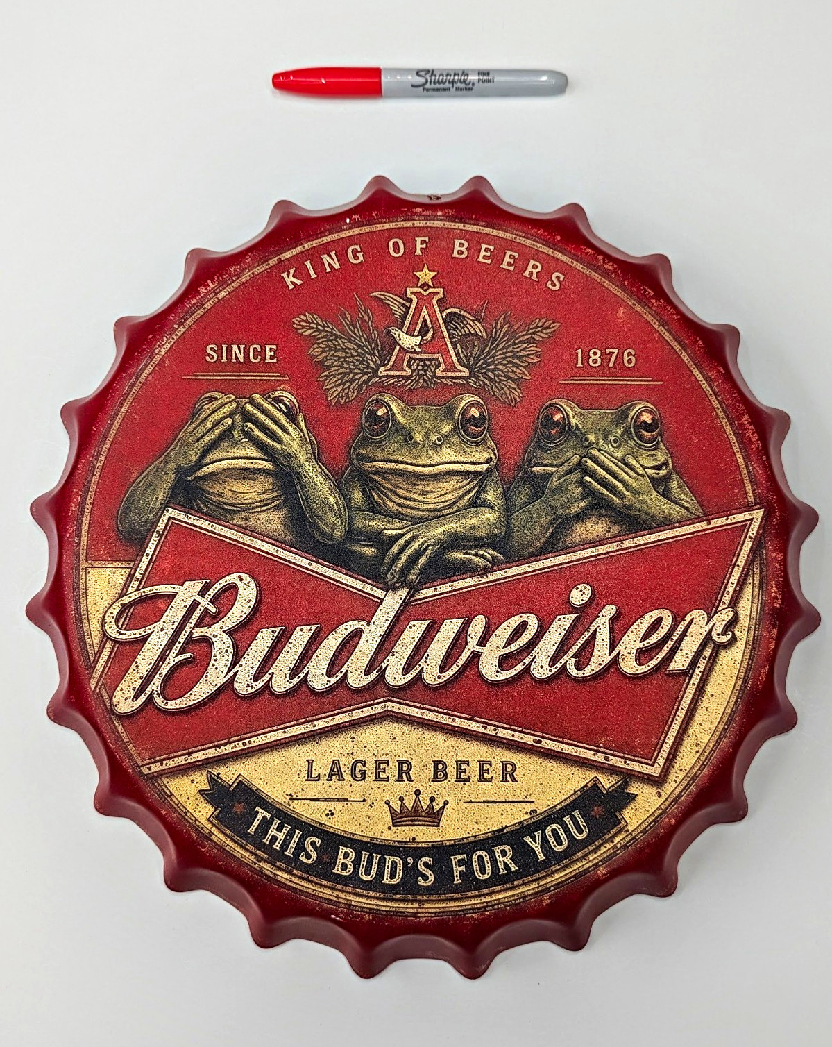 Budweiser King of Beers 14 Inch Bottle Cap Metal Wall Sign This Bud's For You