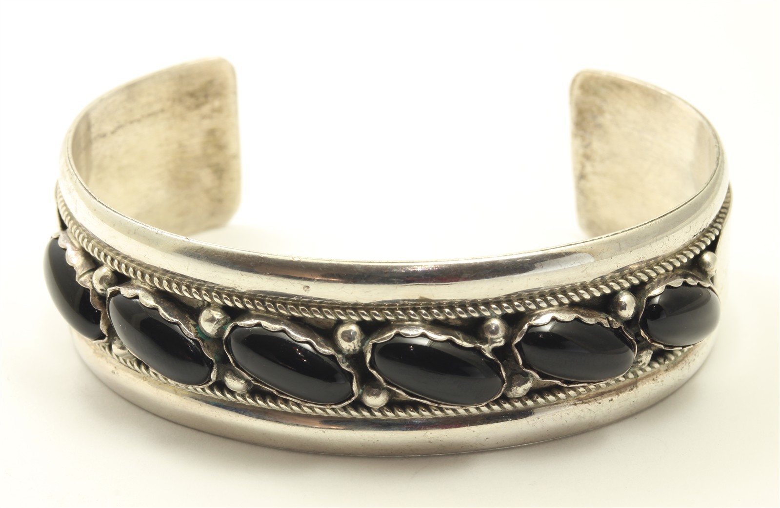 Vintage Navajo Sterling Silver Large Black Onyx Row Cuff Bracelet 28.9g 6.5