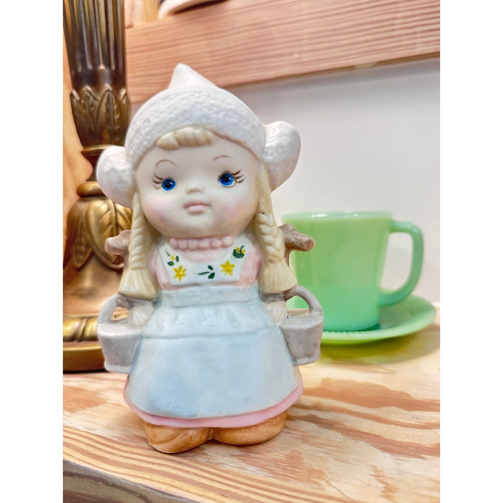 Vintage Dutch Girl Porcelain Figurine Water Buckets Pastel 6.5