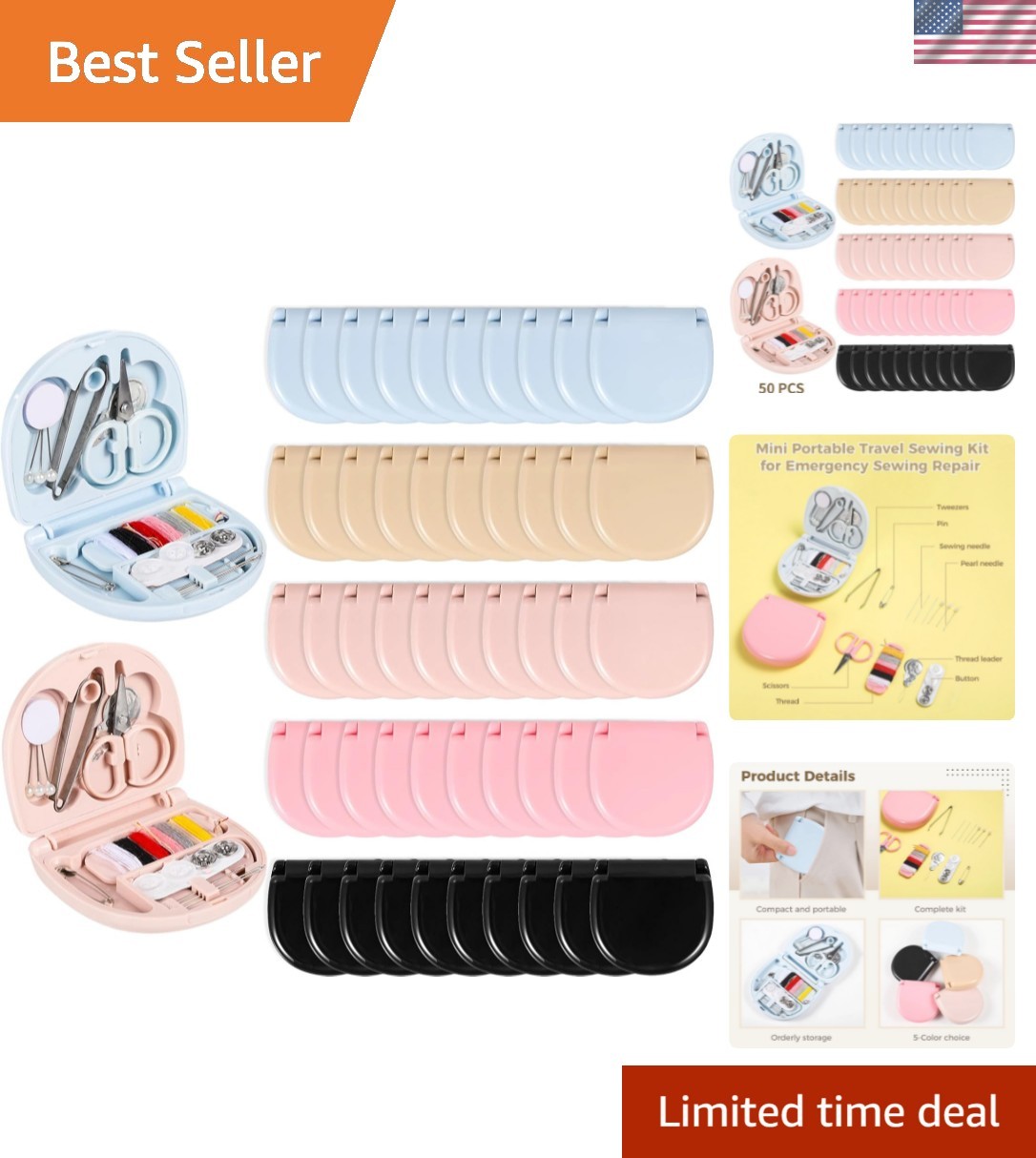 Compact 50 PCS Sewing Kit for Travelers: Threads, Scissors & Needles Included