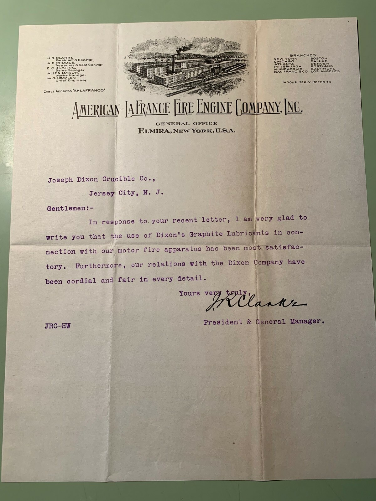 c. 1915 AMERICAN LA FRANCE FIRE ENGINE LETTER - President J. R. Clarke Elmira NY