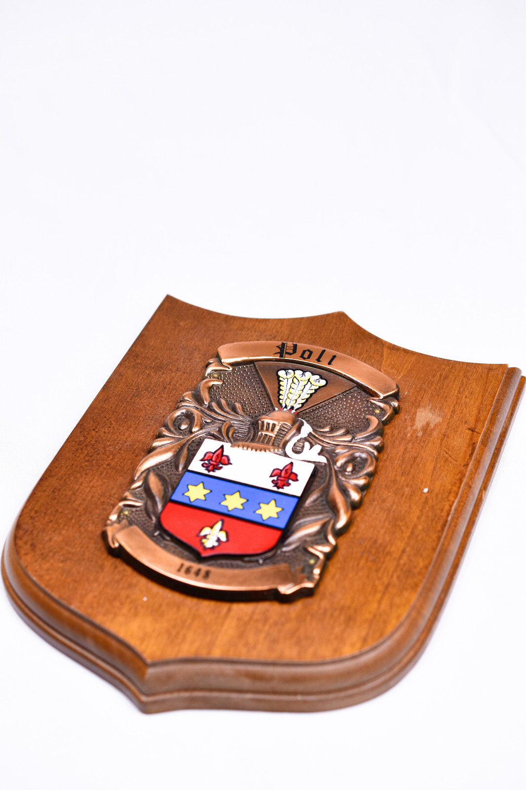 Vintage Poli Family Crest Plaque - Metal & Wood, Dated 1648