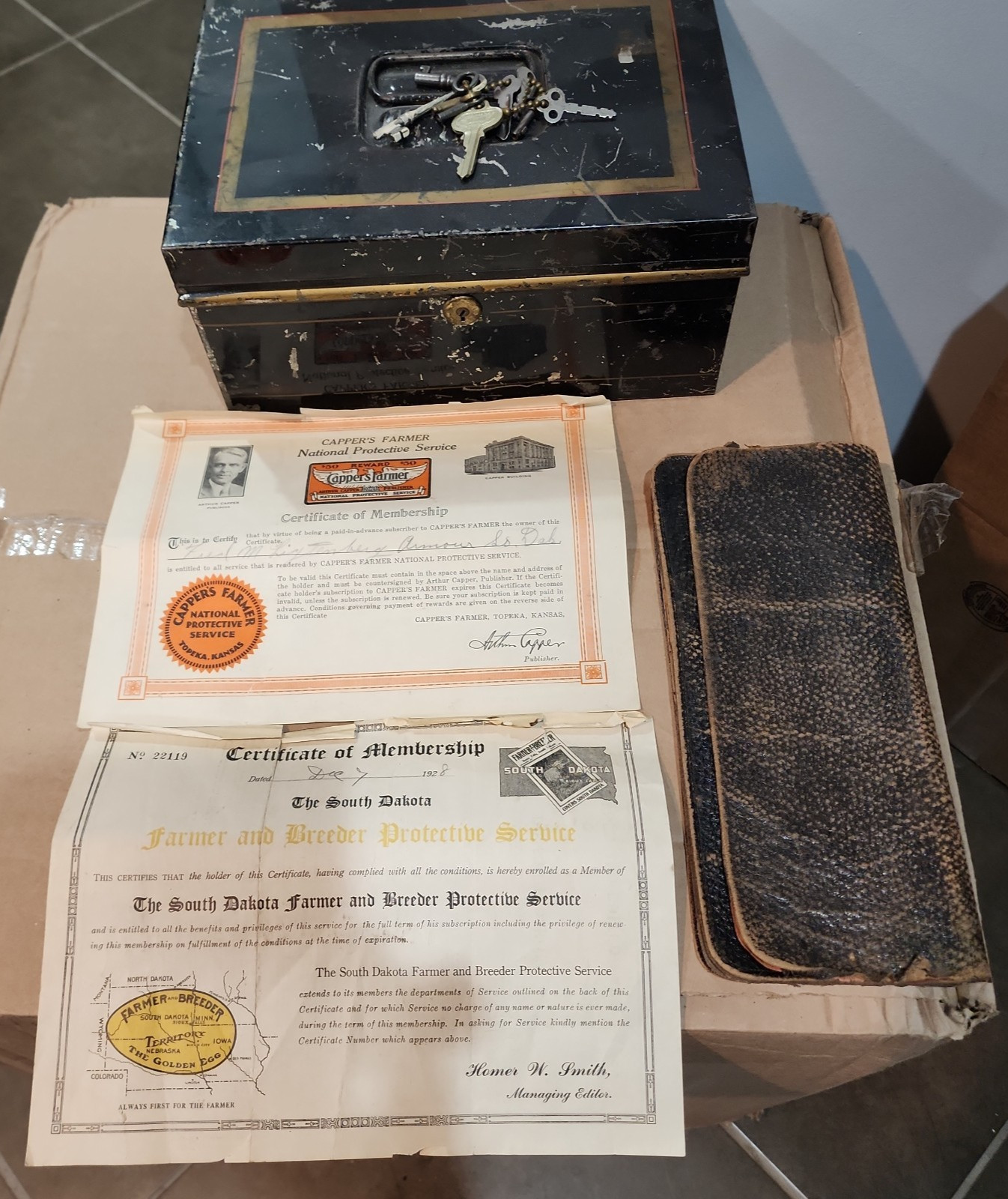 1928 1933 Ephemera S Dakota Certificates Leather Pouch Tin Deed Box VTG Keys Lot