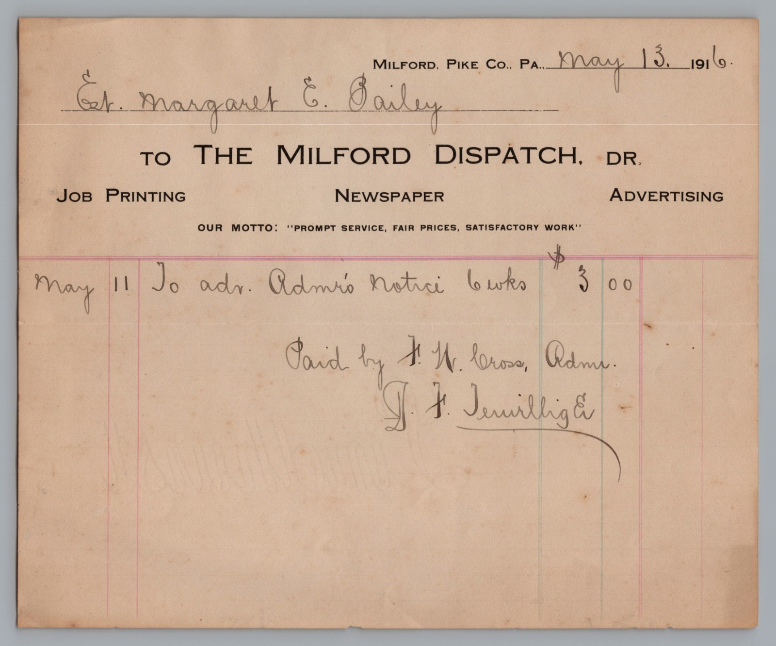 1916 Billhead The Milford Dispatch Newspaper, Advertsing Bill, Pike Co., PA