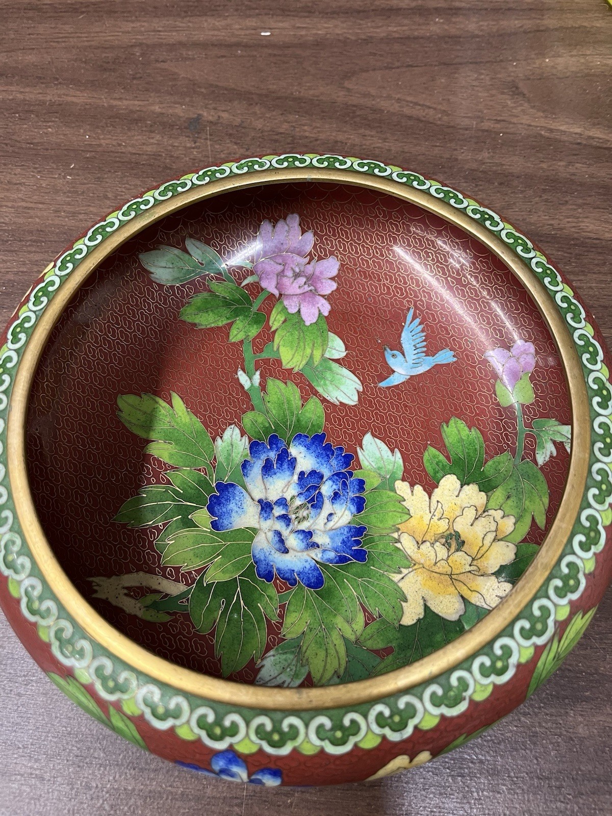Vtg. Chinese Cloisonne Red Enamel Bowl Flowers Chrysanthemums & Birds -9” dia.