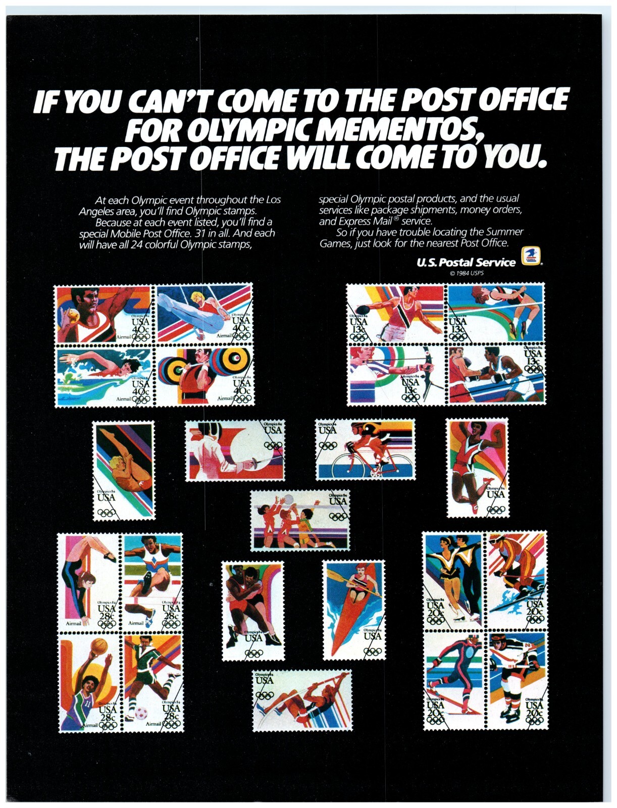 1984 USPS Print Ad, Los Angeles Olympic Games Stamps Mementos Come To You Art