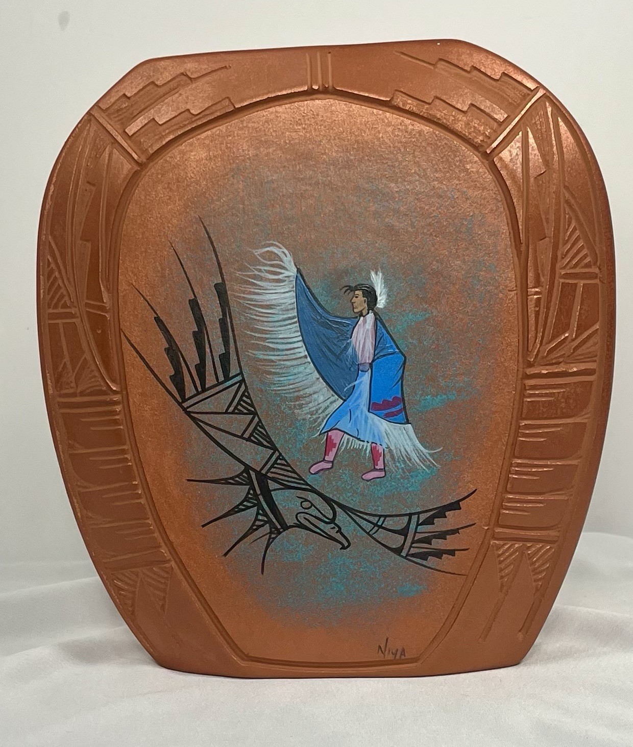 Vintage Hand Painted & Etched Navajo Terracotta-Style Ceramic Vase Signed