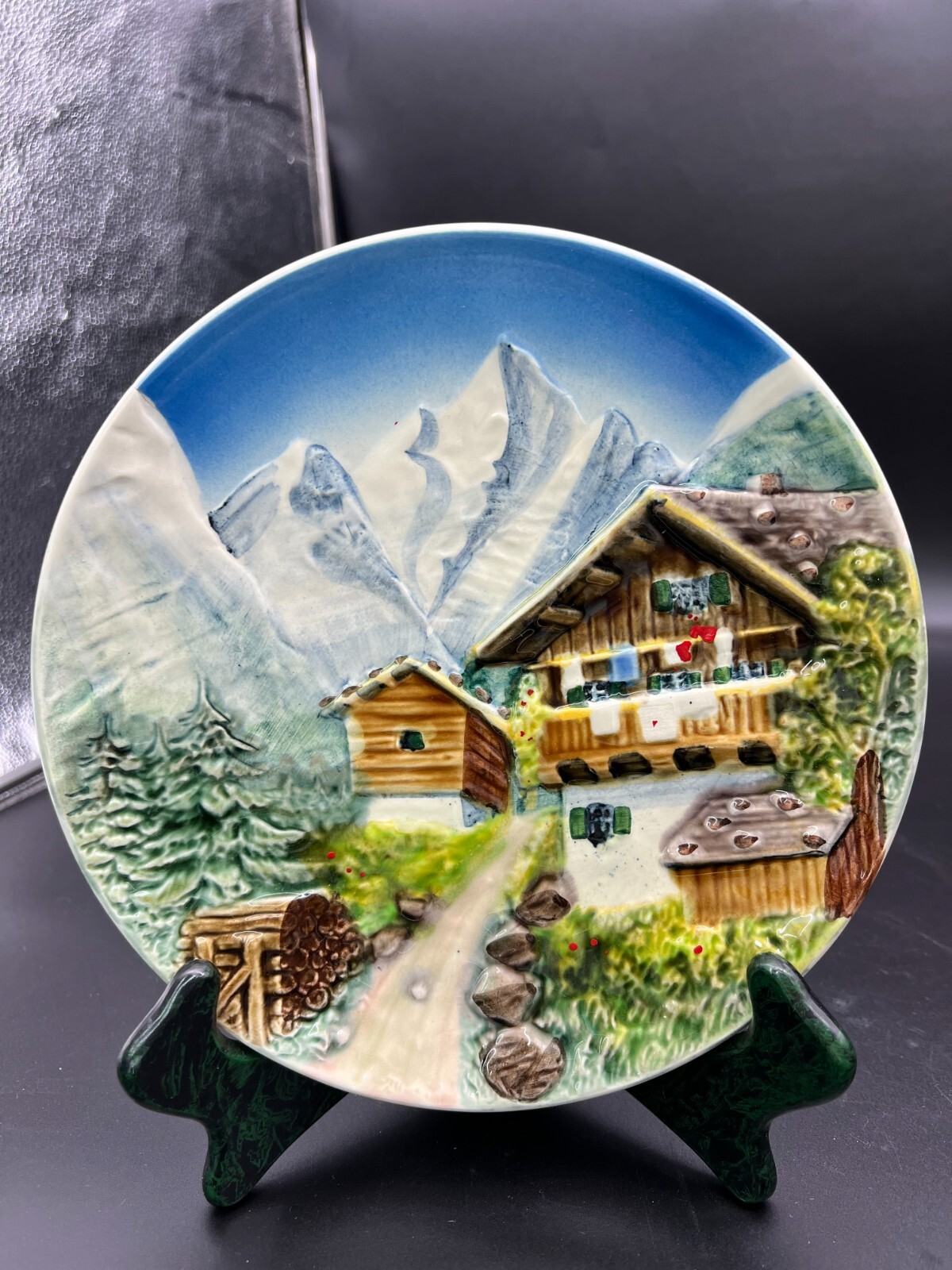 Germany Majolica Bas Relief Plate-House at Base of Mountains