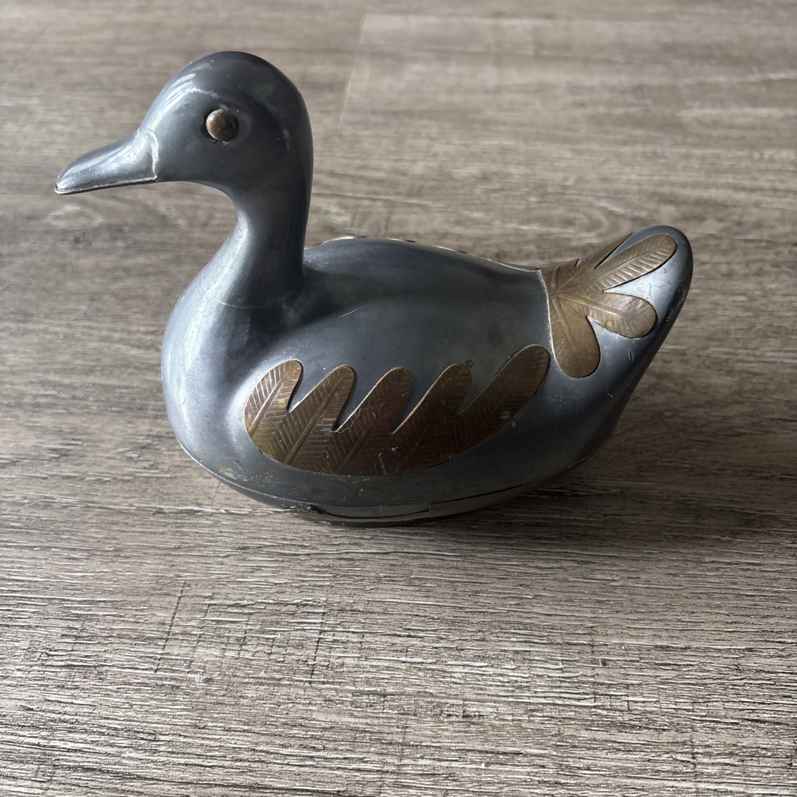 Pewter & Brass Vintage Chinese Duck Shaped Metal Trinket Box Heavy VTG