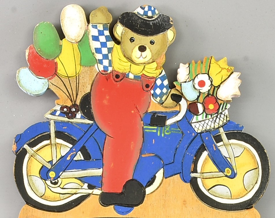 Vintage French Children's Blackboard, Teddy Bear on Moped, painted wood – 50/60s