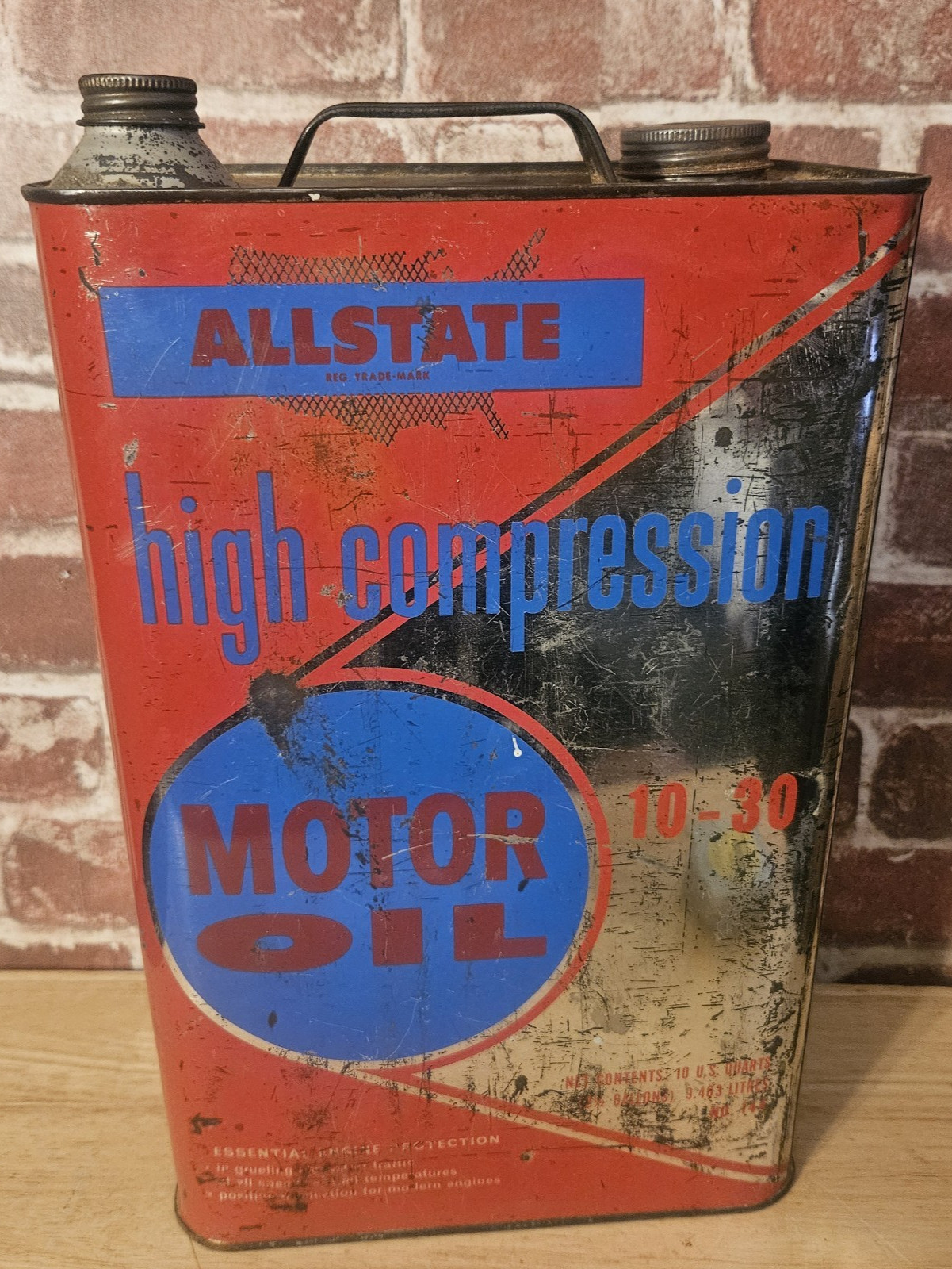 VINTAGE ALLSTATE HIGH COMPRESSION 10 QUART MOTOR OIL CAN VINTAGE ALLSTATE HIGH COMPRESSION 10 QUART MOTOR OIL CAN