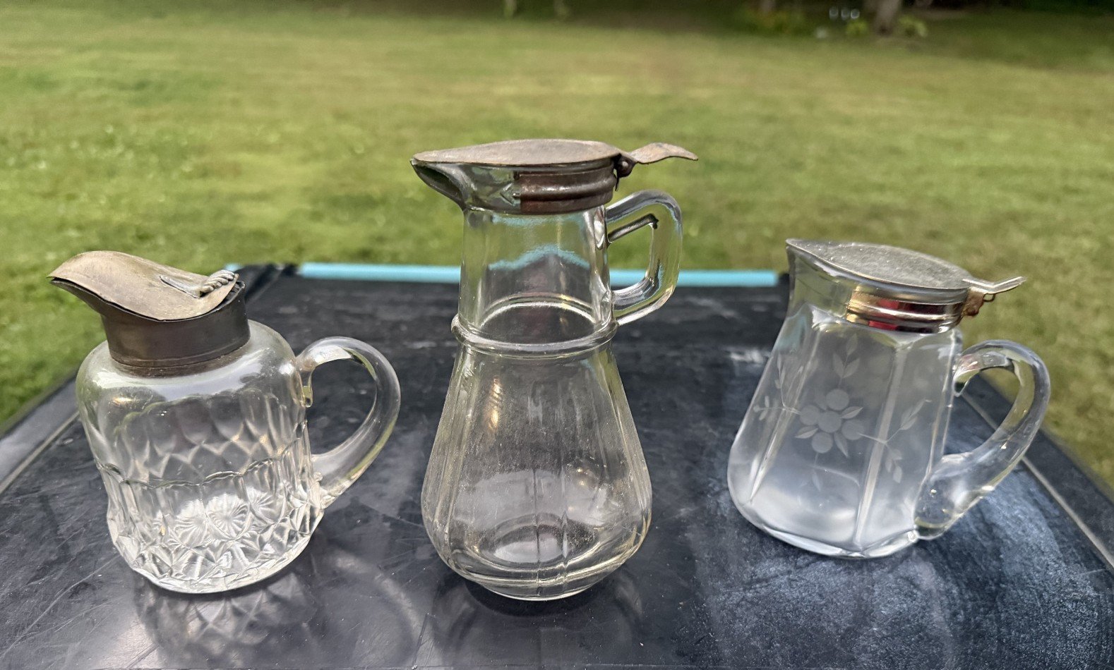 VINTAGE  Glass Syrup Dispensers.  All with metal lids. No chips.