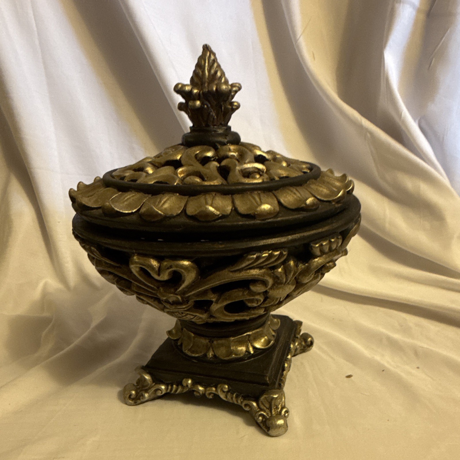 Antique Bronze Metal Lidded Urn for Ashes, Round Funeral Memorial Decor