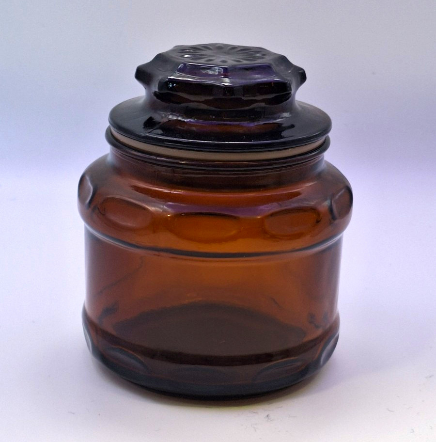 Vtg Mid Century Brown Amber Glass Spice Jar Stash Canister Starburst Pattern
