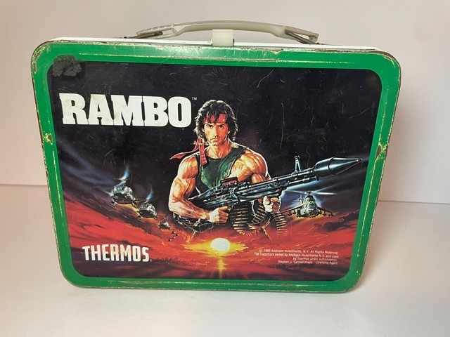Vintage 1985 Rambo Metal Lunchbox Camouflage Green Sylvester Stallone
