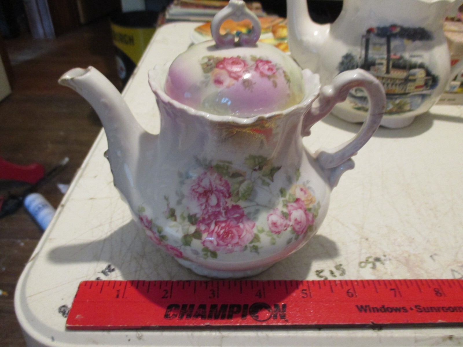 Vintage Rose Pattern Pitcher, Pink & Green, Gold Highlights, Germany?, Damage..