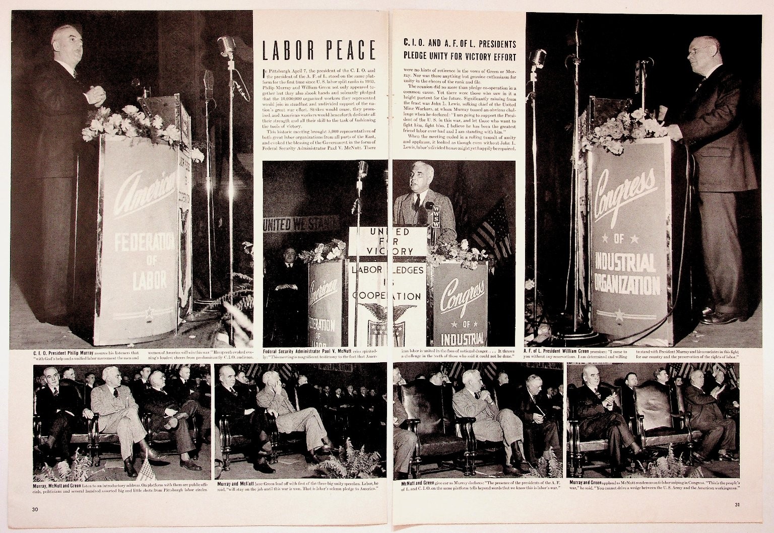 WWII Labor Peace Magazine Article Page 1940s CIO AFL Unity Victory Effort WWII Labor Peace Magazine Article Page 1940s CIO AFL Unity Victory Effort