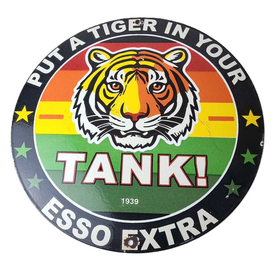 Vintage Esso Gasoline Sign - Tiger Gas Service Station Tank Porcelain Sign Vintage Esso Gasoline Sign - Tiger Gas Service Station Tank Porcelain Sign
