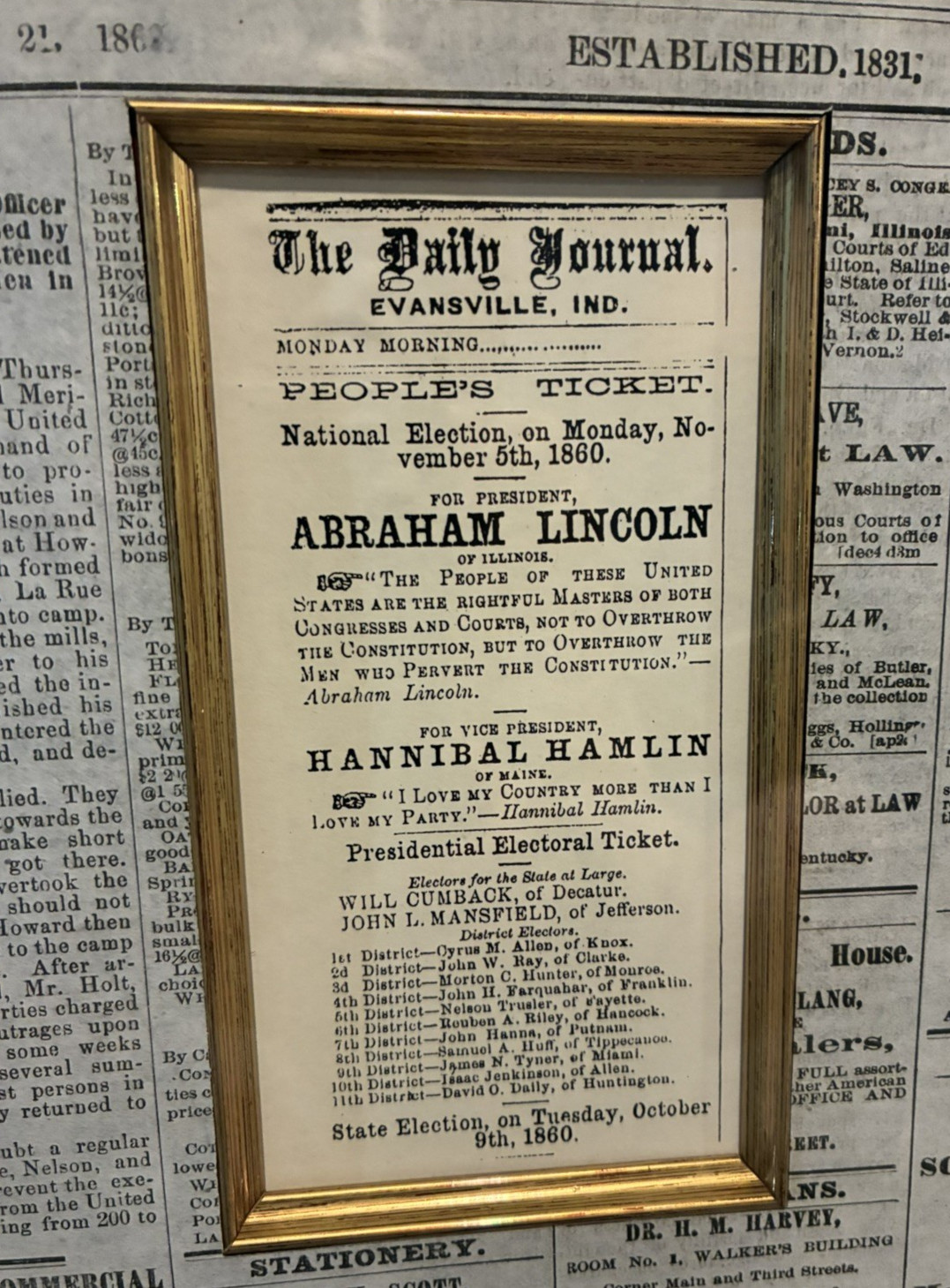 Abraham Lincoln Picture, 1860 Newspaper &  Ad of his First Presidential Campaign