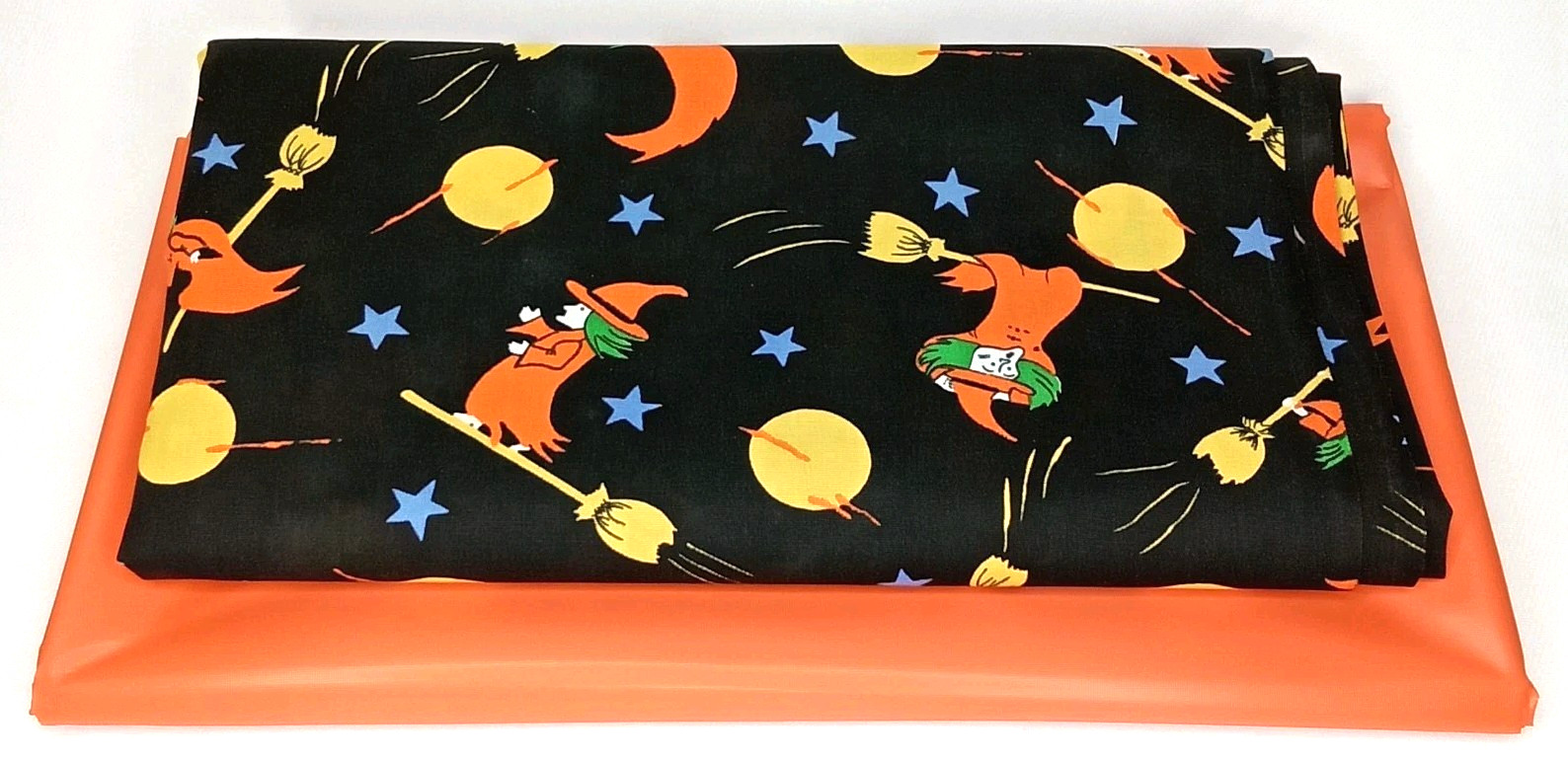 Vintage 1980s Flying Witch & Orange Plastic Halloween Tablecloth Set Of 2