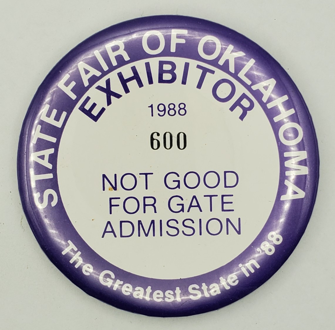 Vintage 1988 State Fair Of Oklahoma Exhibitor Pinback Button Numbered