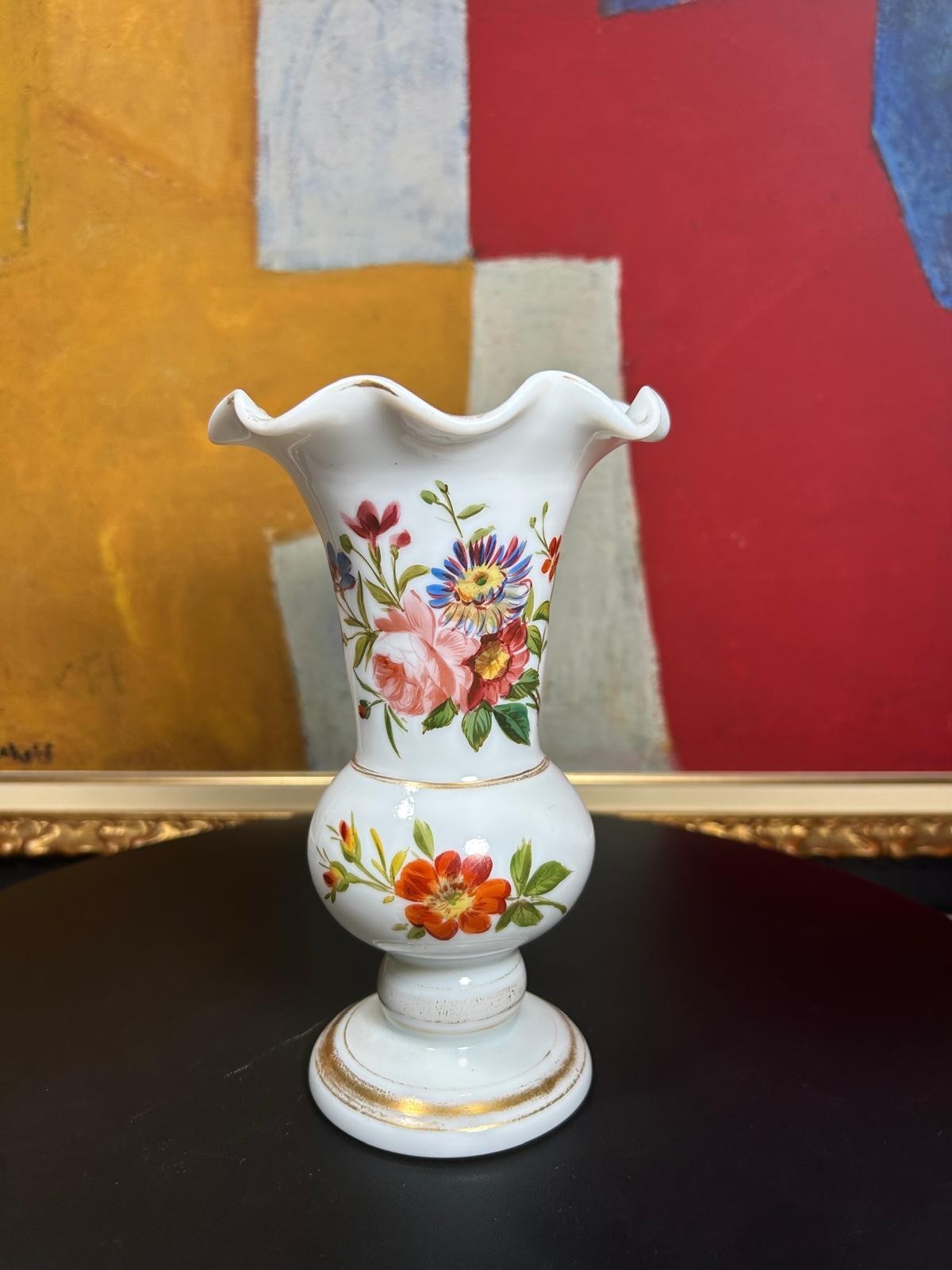 Elegant 19th Century French Hand-Painted White Opaline Vase – Floral Motif