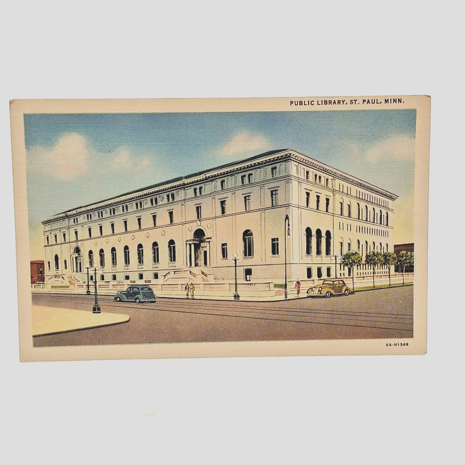 Postcard: Street View Public Library St. Paul Minnesota c1940\'s Old Cars
