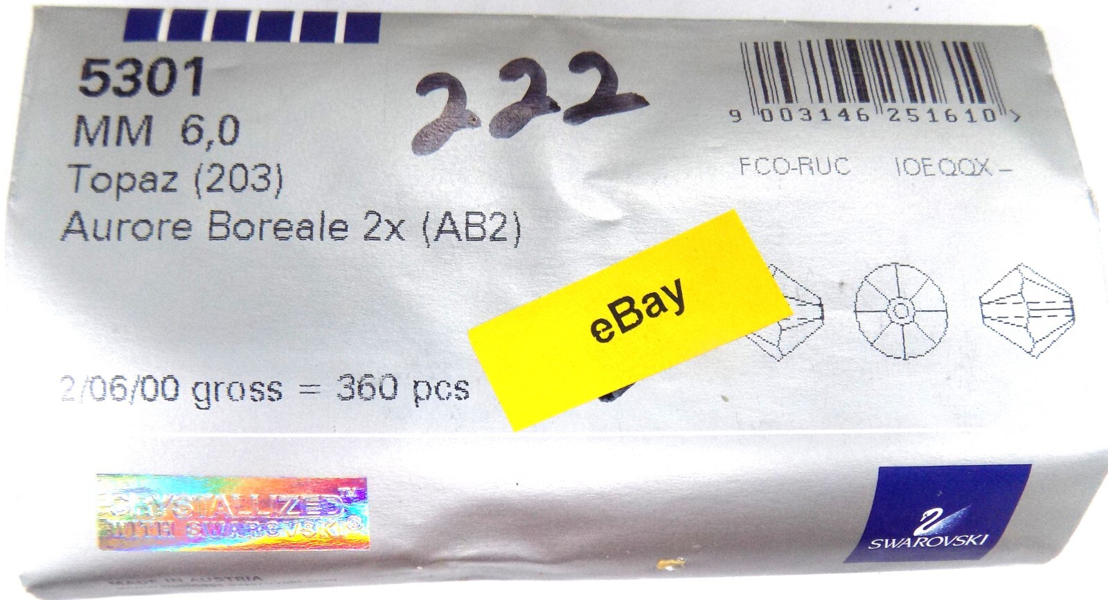 Genuine SWAROVSKI  360 Pc's 6mm 5301 Bicone Topaz AB 2X Factory Pack