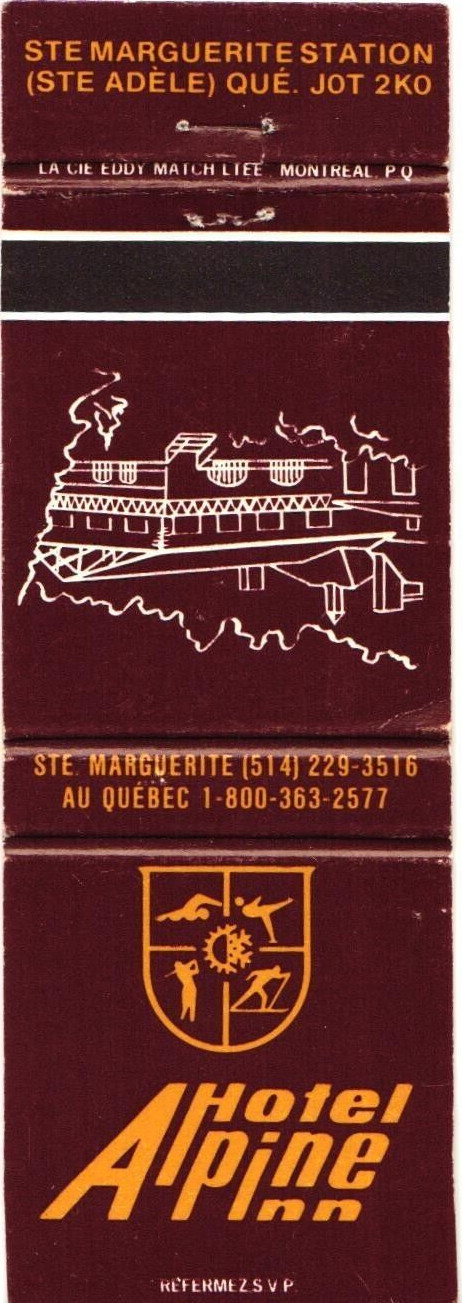 Hotel Alpine Inn Ste Marguerite Station QC Vintage Matchbook Cover 1970s-80s Hotel Alpine Inn Ste Marguerite Station QC Vintage Matchbook Cover 1970s-80s