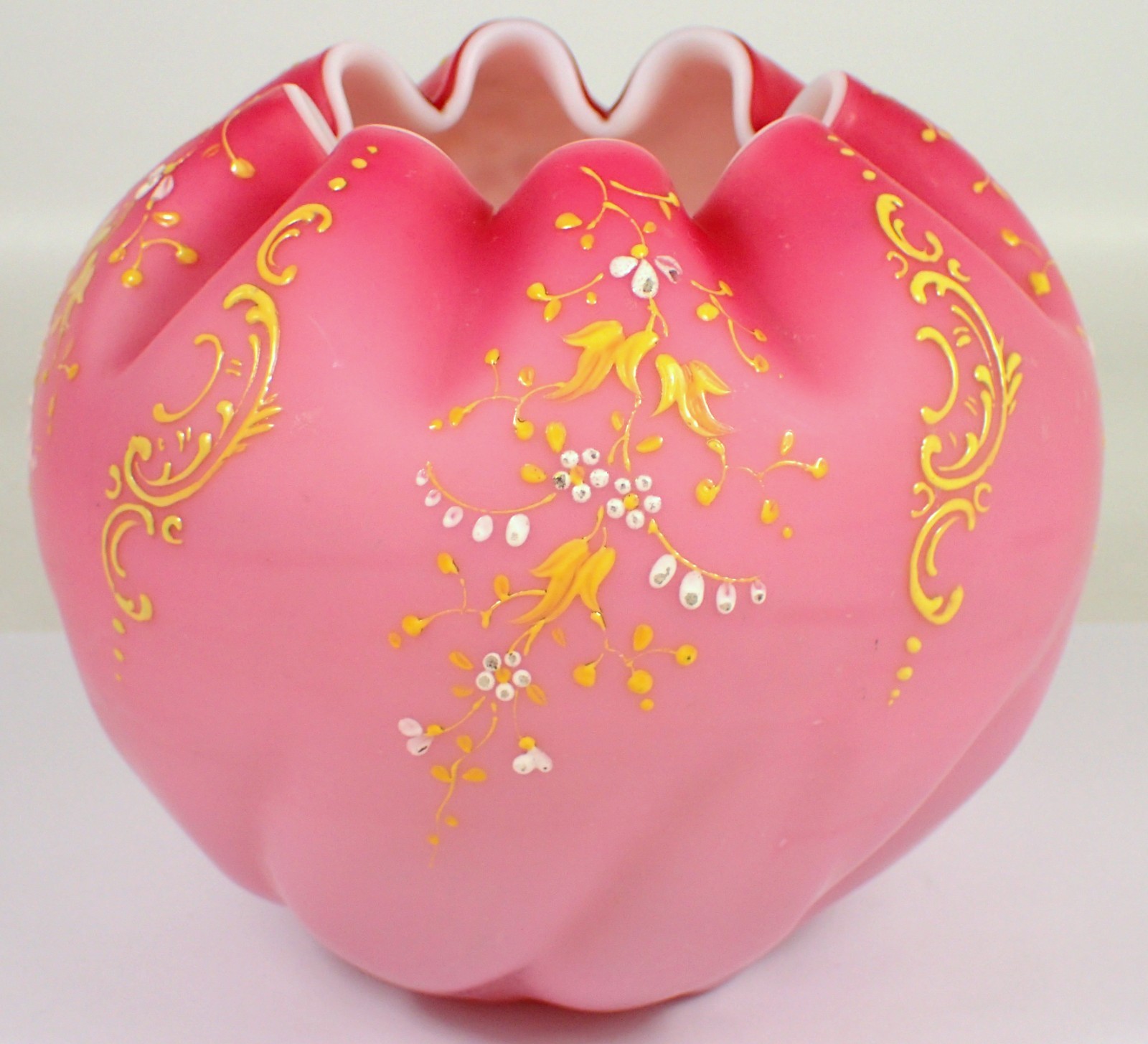 Antique Mt Washington Hand Blown Satin Pink Art Glass Yellow Enamel Rose Bowl