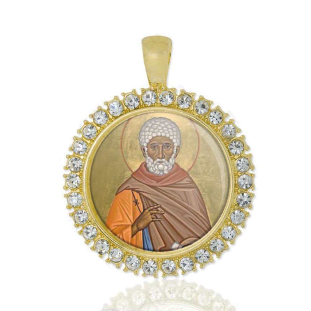 St Moses The Black Of Skete Christian Round  Gold Tone Pendant  Rhinestones