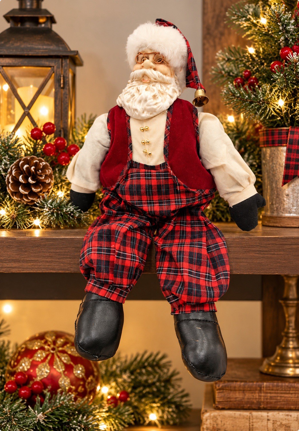 VTG Santa Claus Doll Shelf Sitter Red Plaid Dangle Legs 1994 Four Star Intl 15\