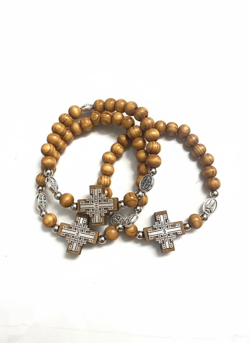 3 Bracelets Holy Land Silver Elastic Jerusalem Olive Wood Hand Made Icon Cross 3 Bracelets Holy Land Silver Elastic Jerusalem Olive Wood Hand Made Icon Cross