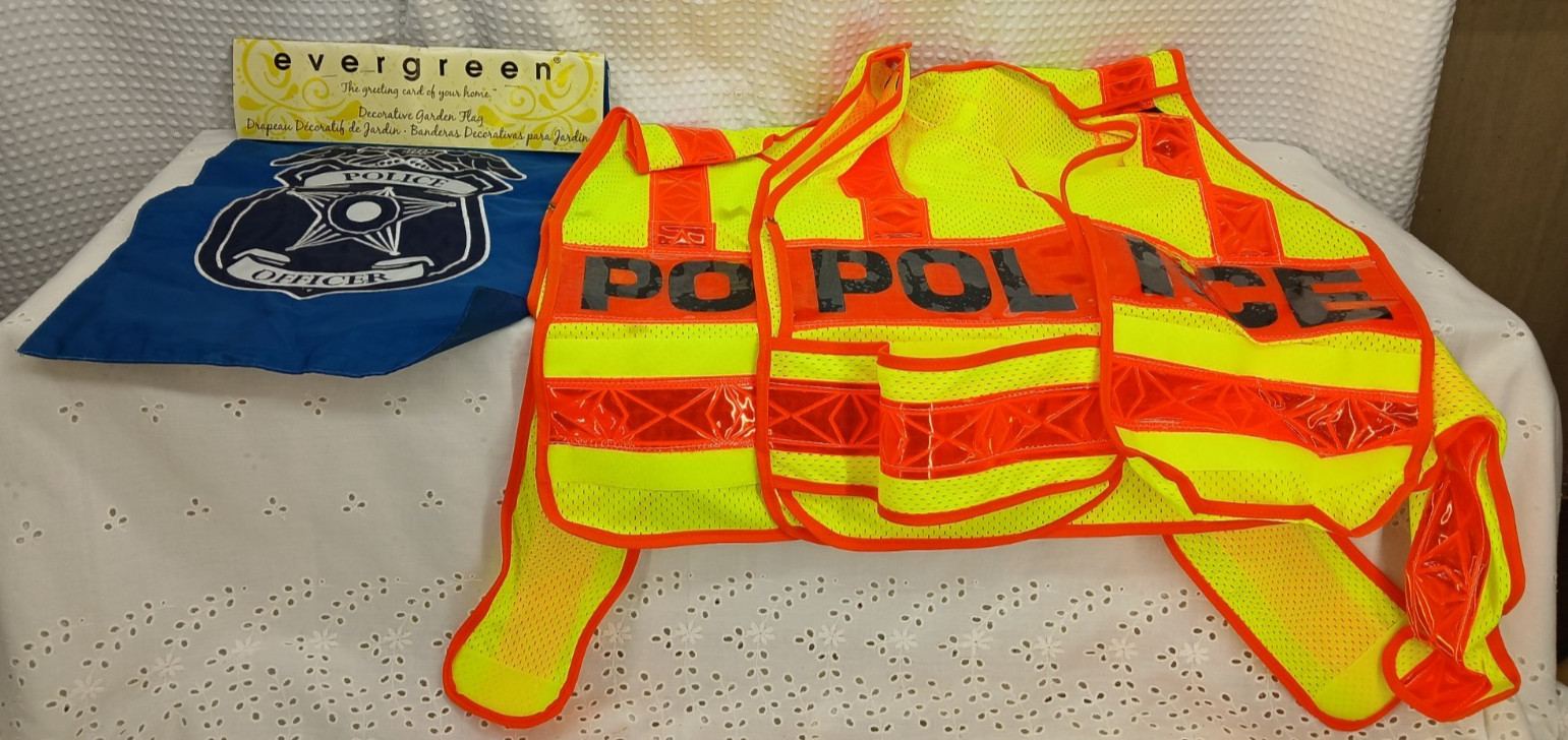 2 ULTRA BRIGHT ORANGE POLICE PUBLIC SAFETY VEST + NEW GARDEN FLAG 
