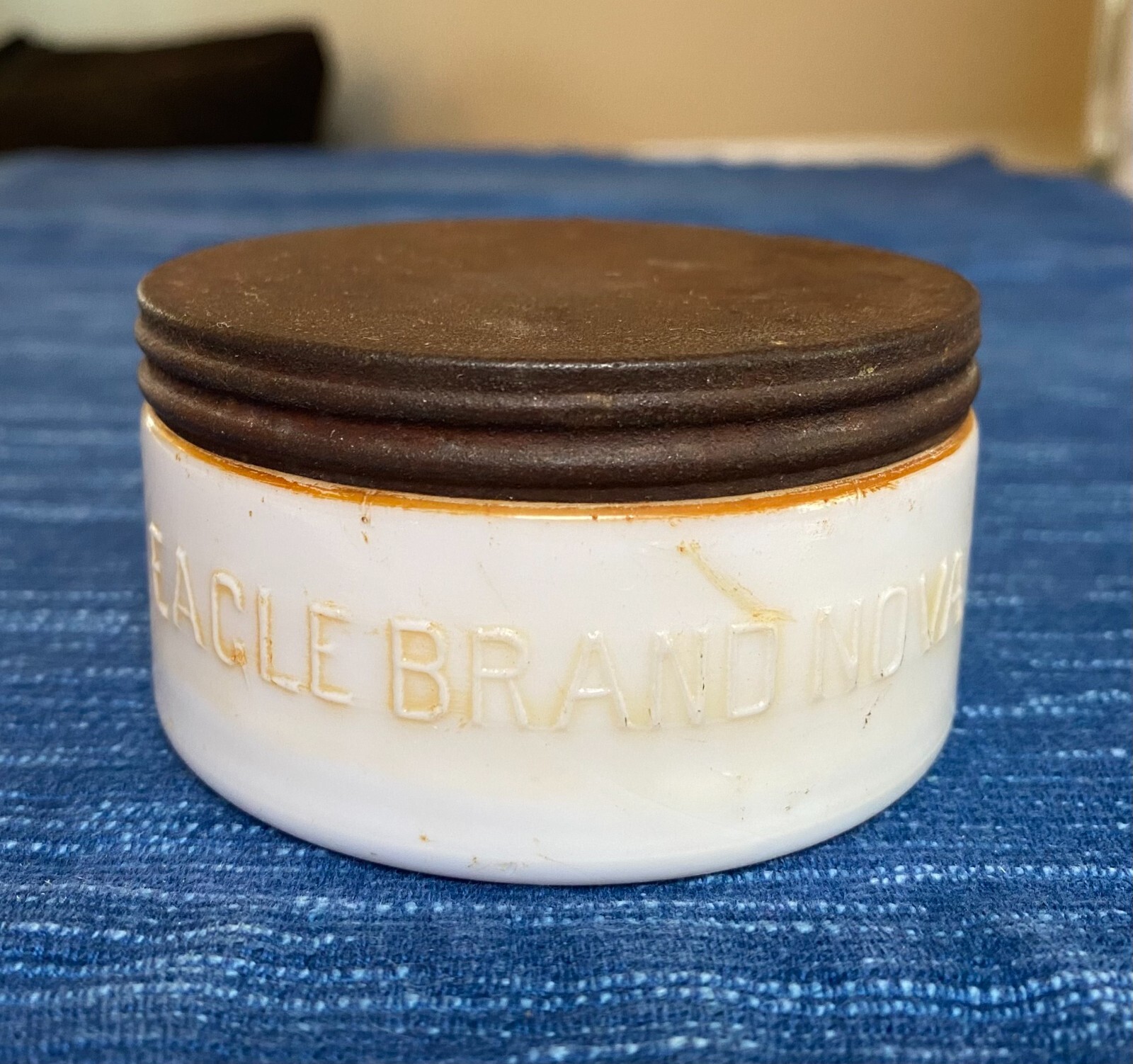 Antique Embossed Milk Glass Shoe Polish Jar Eagle Brand Nova Chicago IL 1910 13B