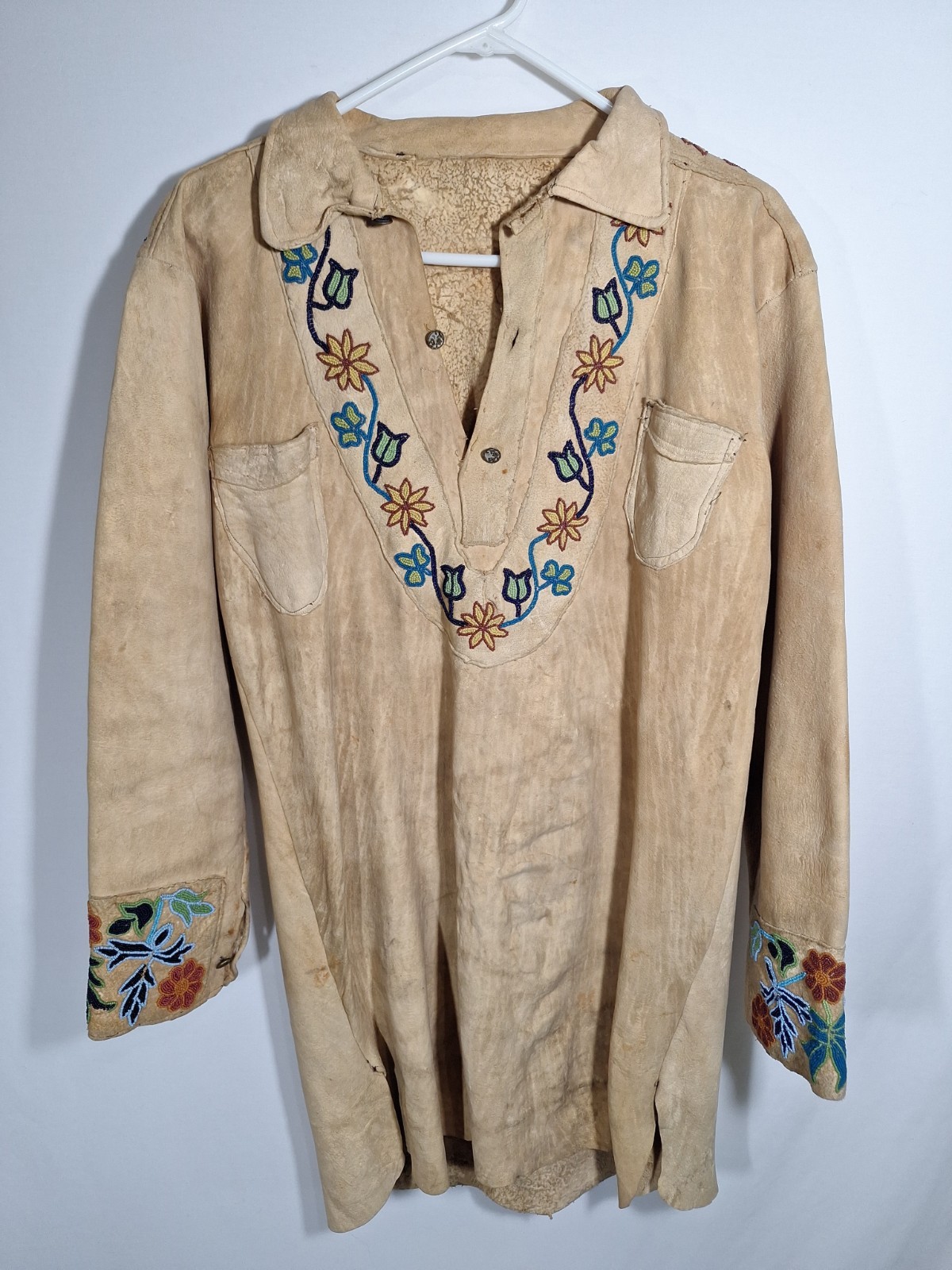 Antique Native American Beaded Buckskin Shirt Cree Plateau Floral Overlay Yoke
