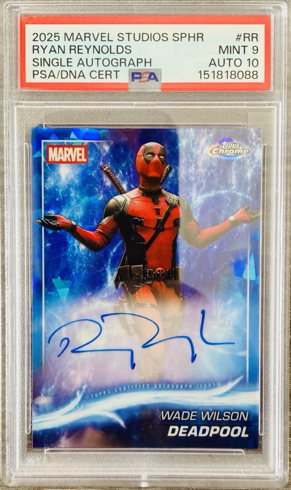Deadpool 2025 Topps Chrome Marvel Studios Sapphire Ryan Reynolds PSA 9 AUTO 10