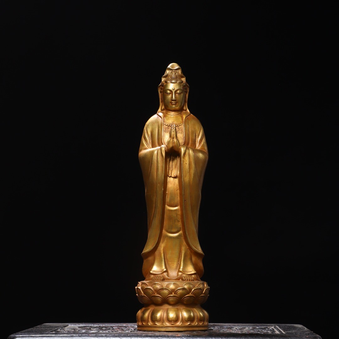 Antique Gilt Bronze Guanyin Statue Standing Yongle Style Kuan Yin Altar 15.7