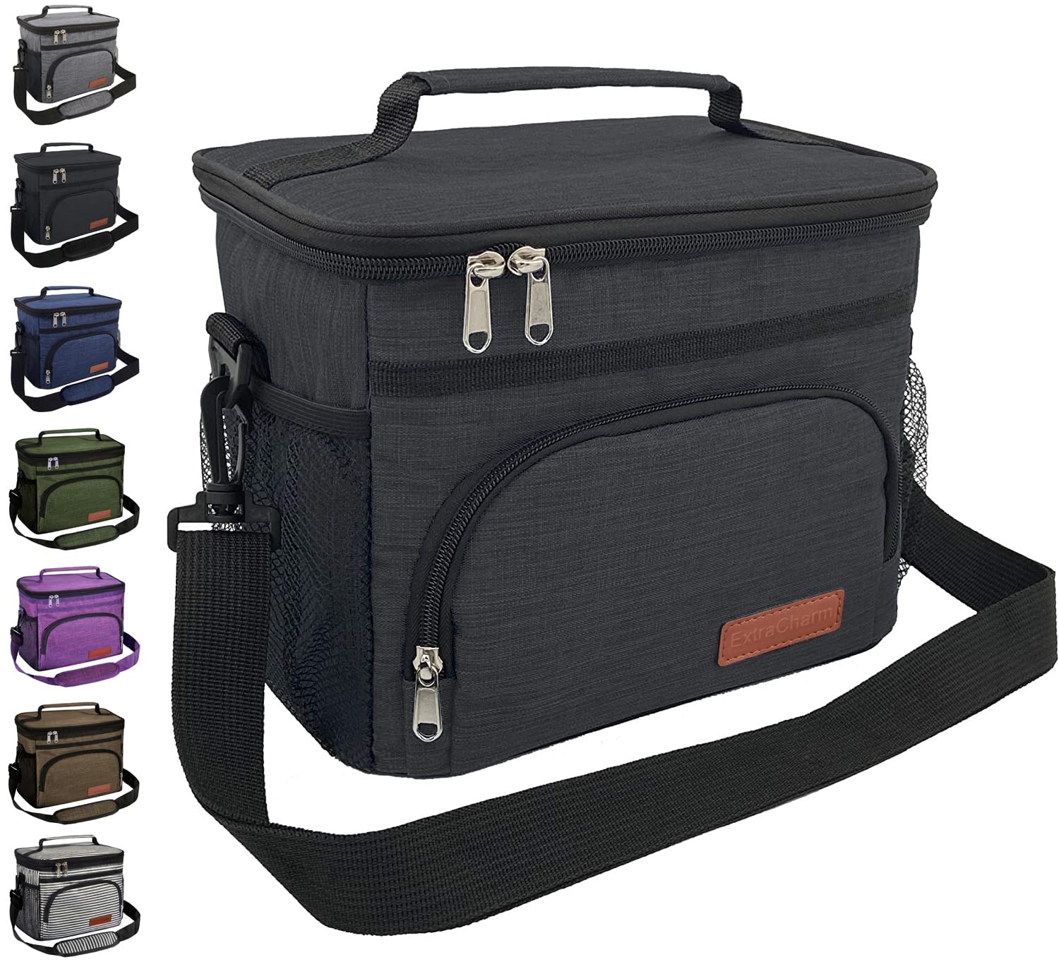 ExtraCharm Insulated Lunch Bag for Women/Men - 10 x 6.7 x 8 inches, Black 